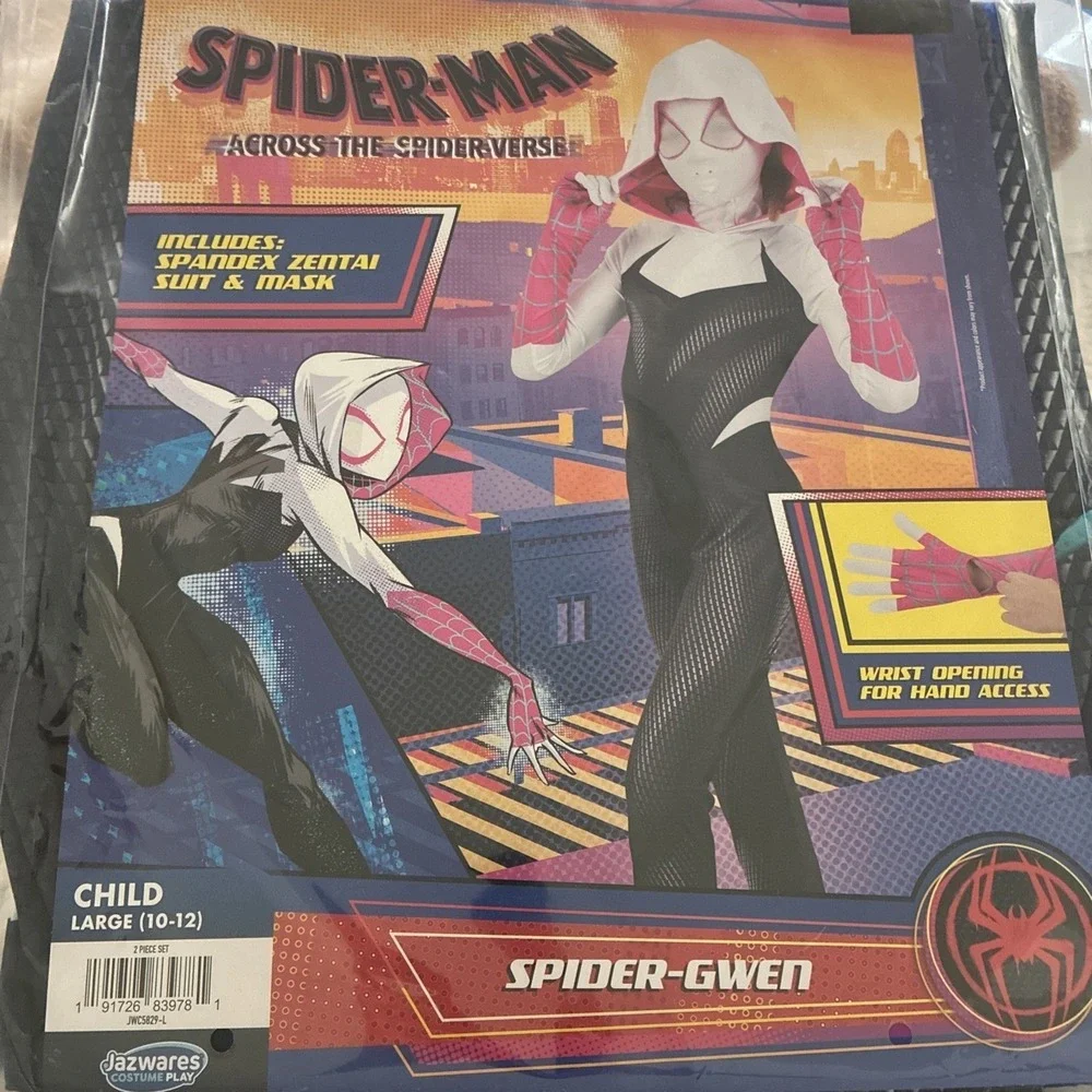 Spider Gwen Halloween Costume child Lg (10/12) Marvel Jumpsuit Hooded Mask